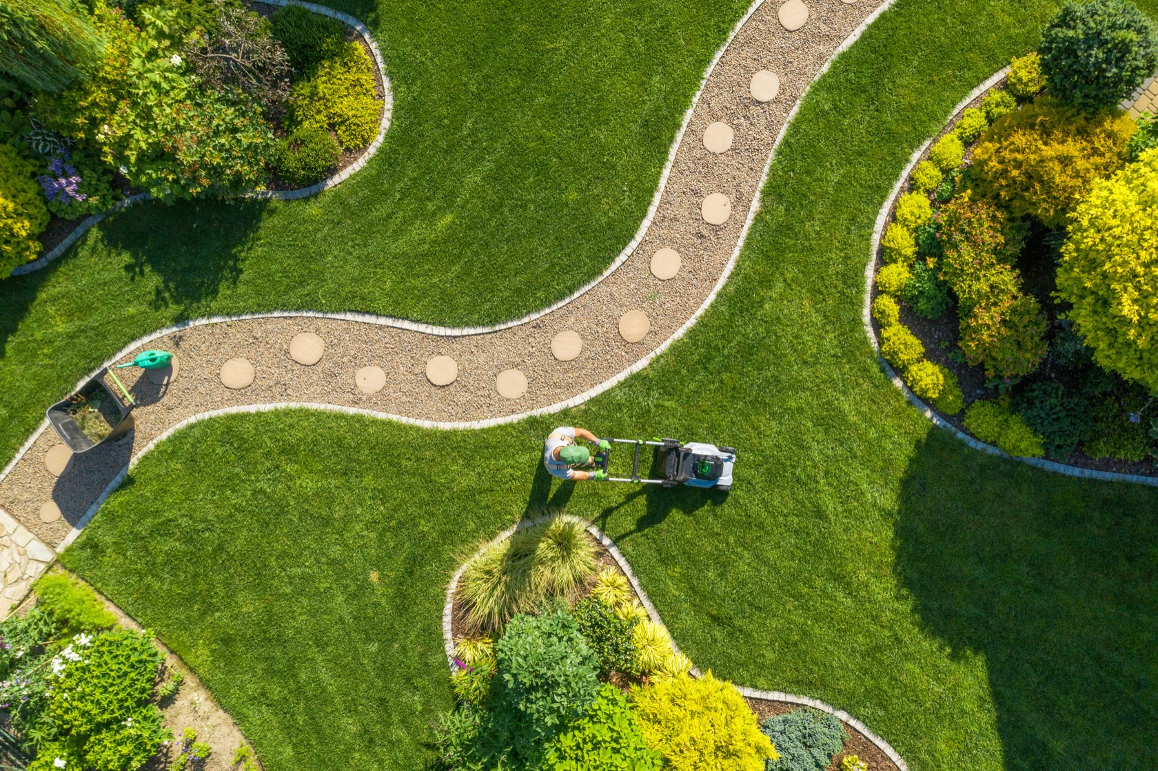 Aerial view of a lush, professionally landscaped Las Vegas backyard with a curved lawn and garden beds